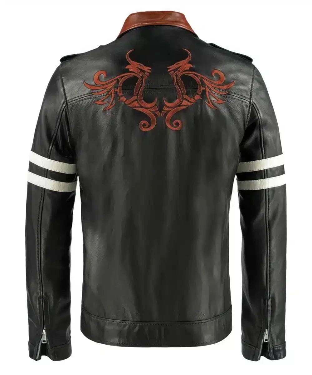 Back view of Prototype Alex Mercer premium black leather jacket with slim fit vintage styling and embroidered tribal back detail