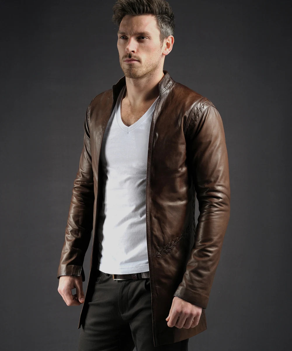 Model wearing Ranger Aragorn Lord of the Rings brown leather coat with slim fit  open front design and antique finish.