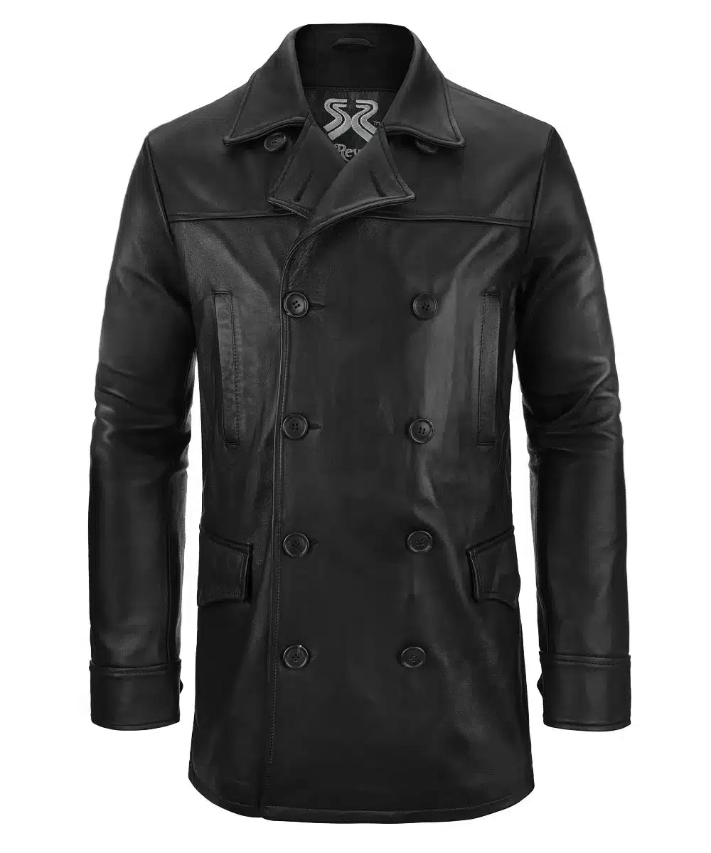 Men's black leather coat. Double breasted design. Made in Italy.