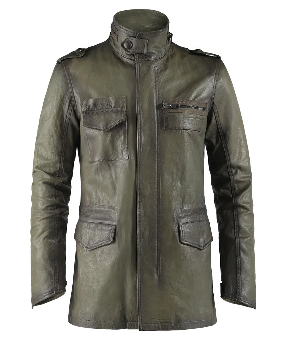 Mens gren leather jacket. Military M65 style. Made in Italy.