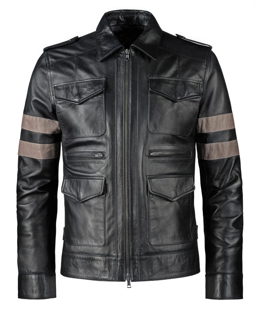 Resident Evil Leon Kennedy black leather jacket with slim fit military styling and contrast arm stripe detailing