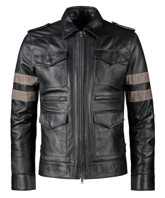 Resident Evil Leon Kennedy black leather jacket with slim fit military styling and contrast arm stripe detailing