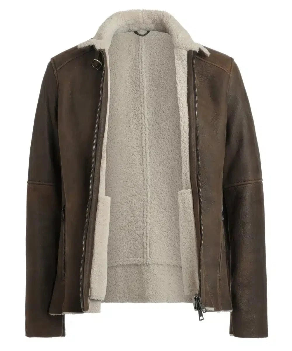 Open front view of brown Salvation replica shearling jacket with full shearling lining