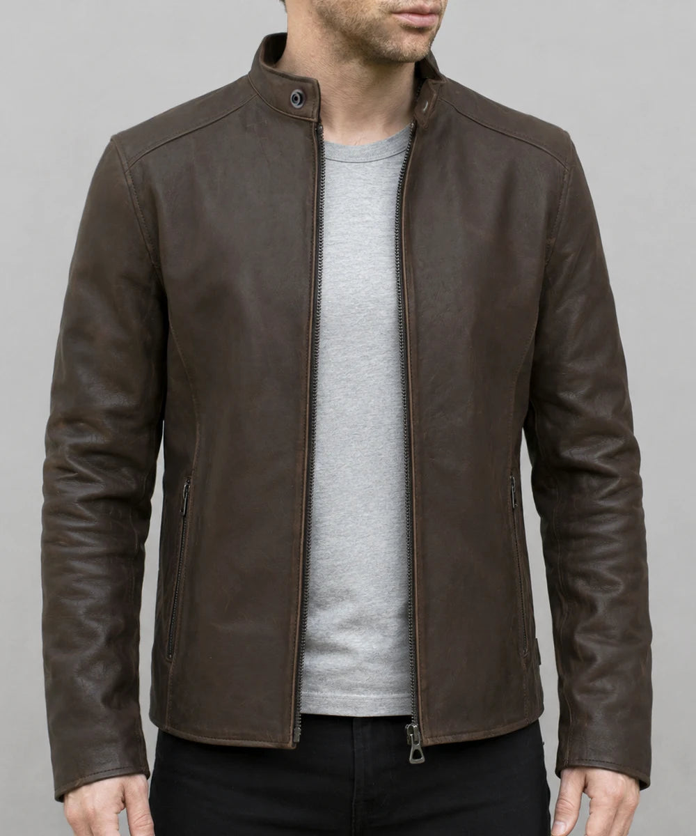 man wearing brown calf leather jacket with strap collar and gunmetal zips
