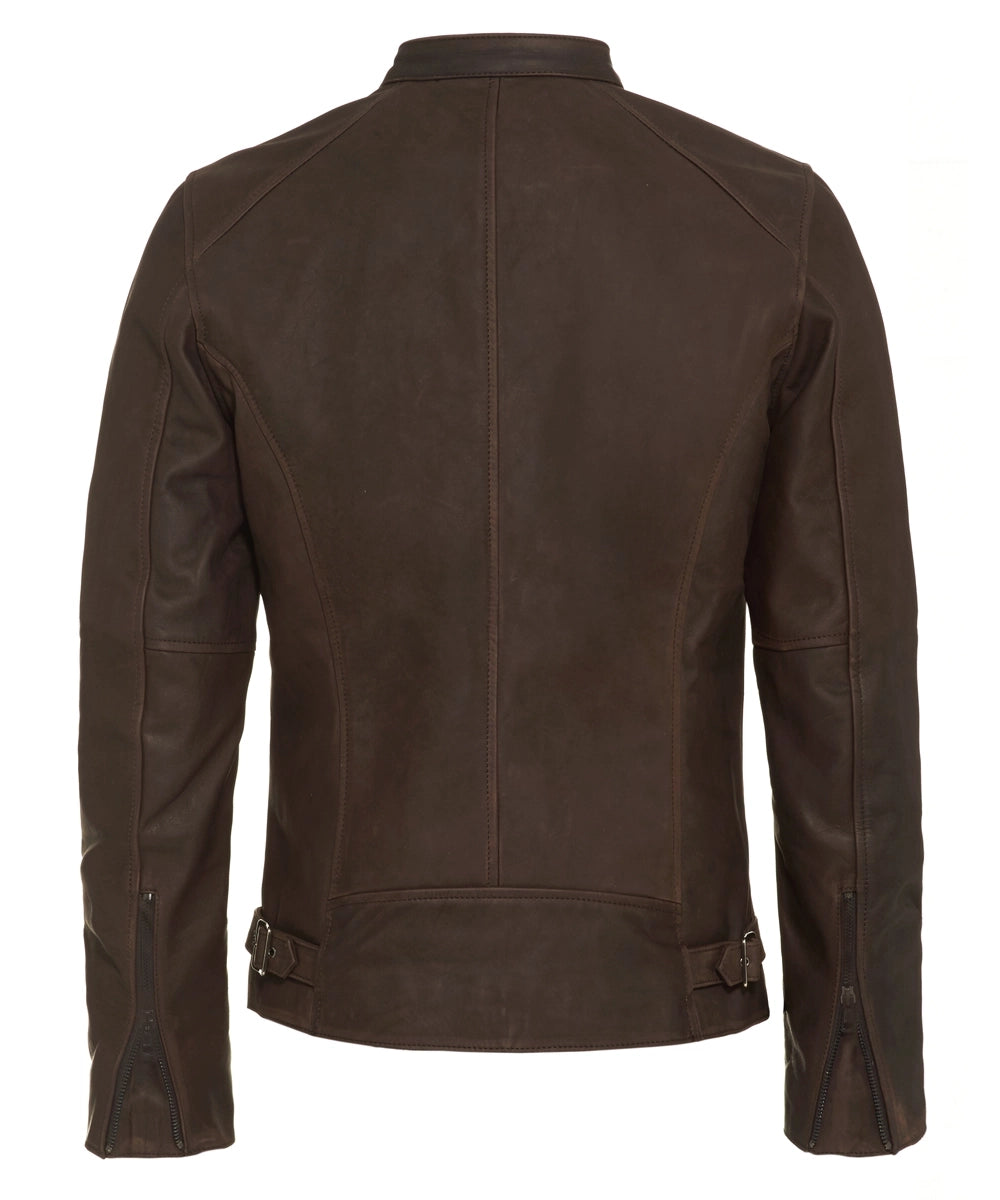 Back view of vintage brown leather jacket with slim fit cafe racer styling and minimalist biker inspired design