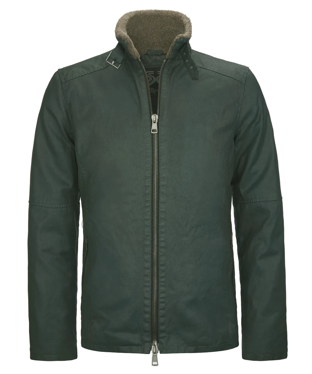 Front view of men's green cotton jacket with slim fit vintage styling, open shearling lined collar, and minimalist biker inspired design