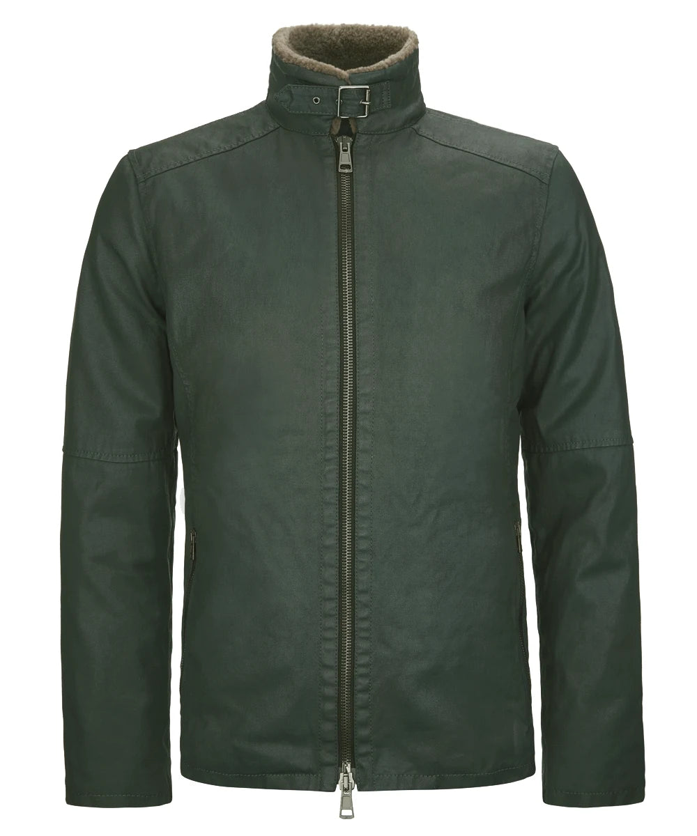 Front view of men's green cotton jacket with slim fit vintage styling, shearling lined stand collar, and minimalist biker inspired design