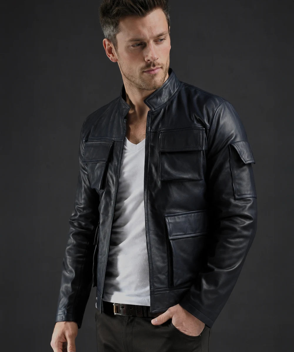 Smuggler Han Solo jacket. Navy blue leather in a tailored fit with patch pockets.