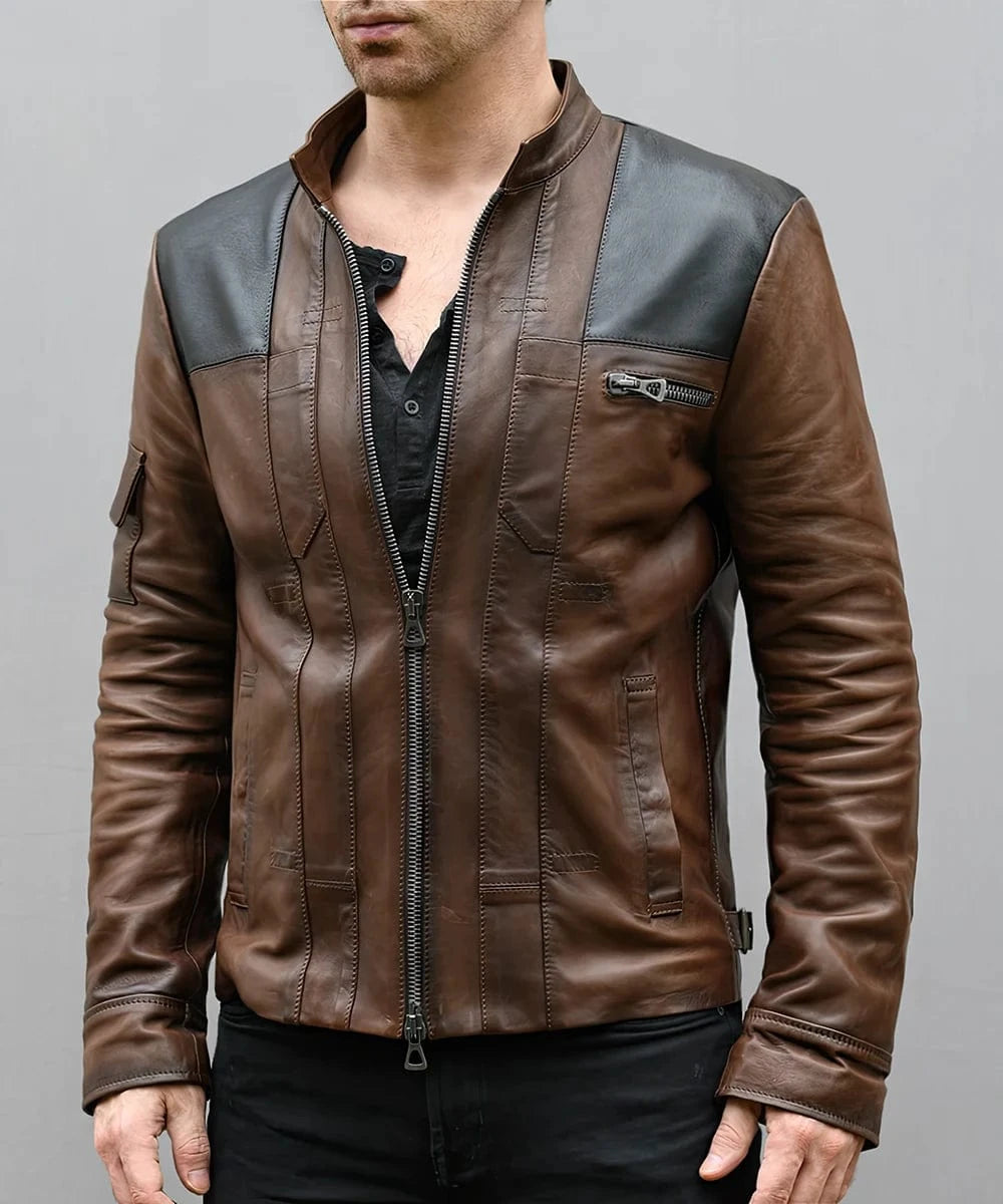 Model wearing Han Solo brown leather jacket with slim fit sci fi styling and contrast shoulder panel detailing