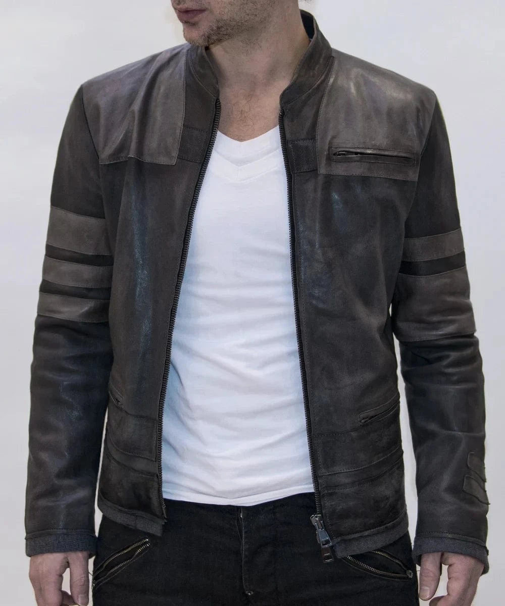 Model wearing Starkiller grey leather jacket with slim fit sci fi styling and contrast sleeve panel detailing