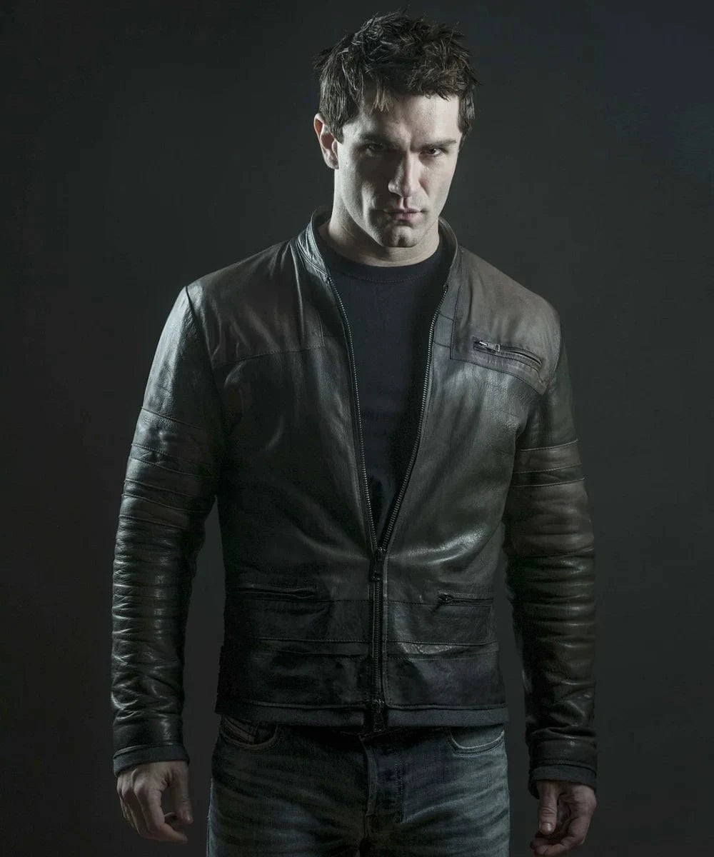 Sam Witwer as Starkiller wearing grey leather jacket with slim fit sci fi styling and contrast panel detailing