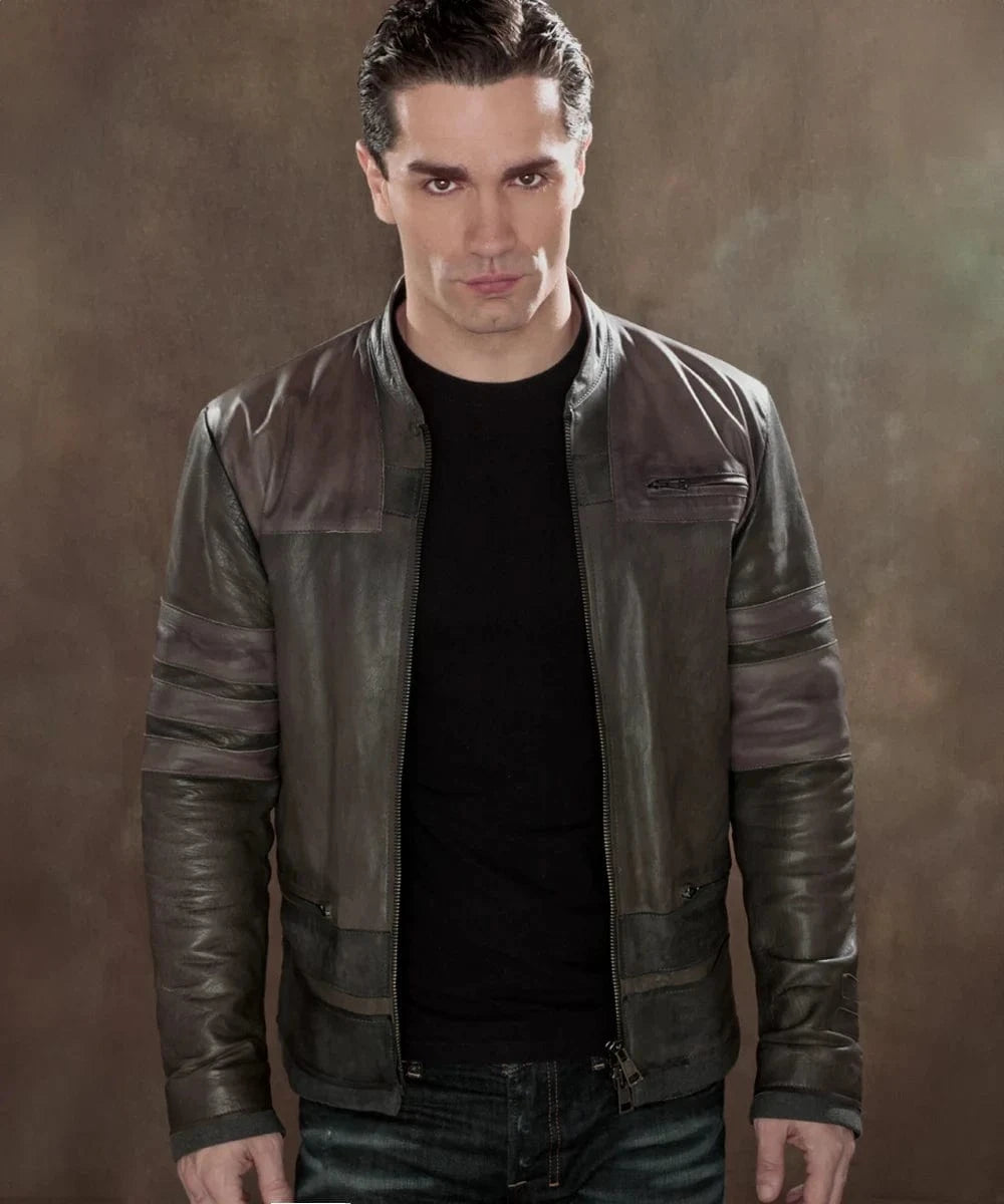 Sam Witwer as Starkiller wearing grey leather jacket with slim fit sci fi styling and contrast sleeve panel detailing