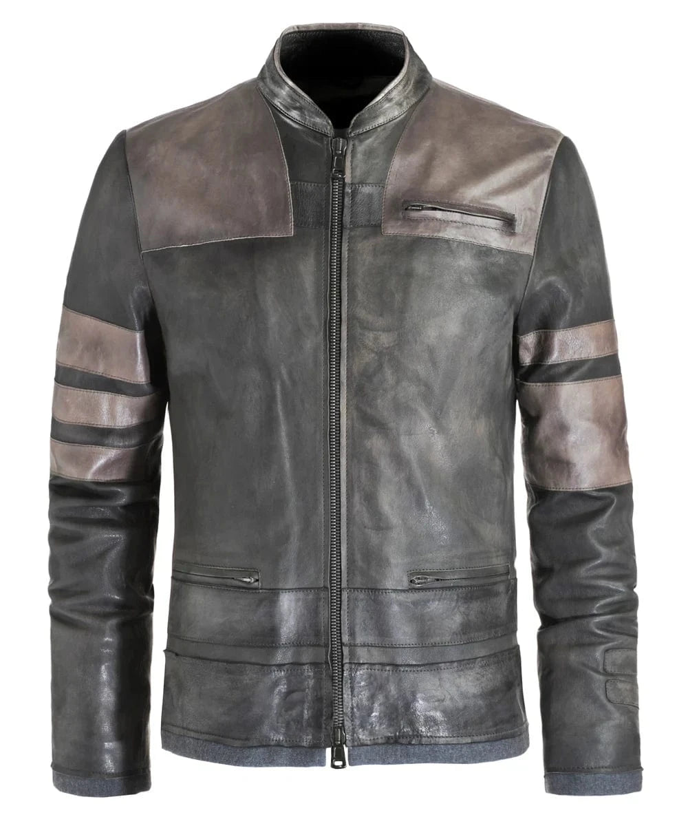 Starkiller grey leather jacket with slim fit sci fi styling and contrast panel detailing