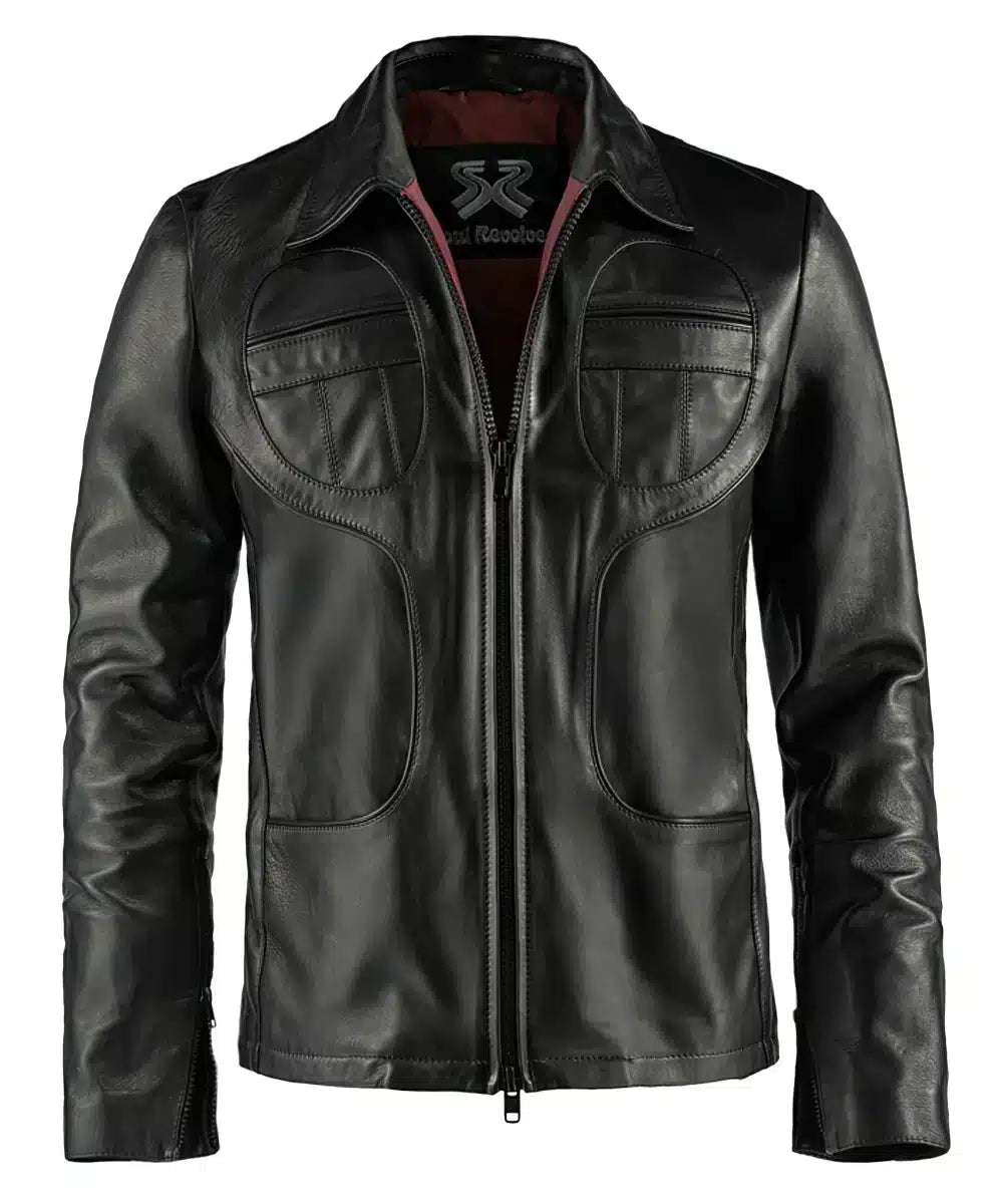 Vintage leather jacket fir men in black leather with red leather insert.