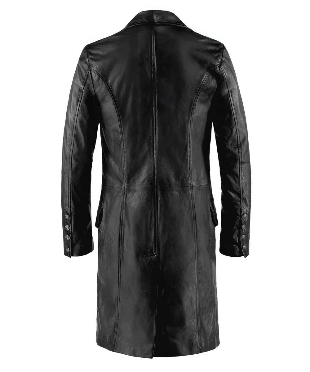 Italian vintage style black leather coat made in Italy.