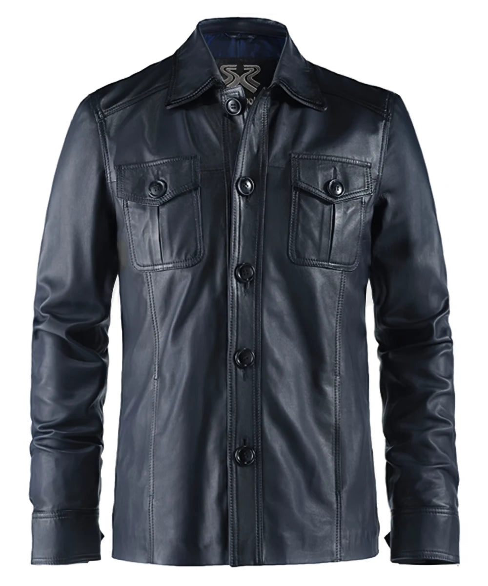 Men's blue leather jacket features chest patch pockets and vintage collar.