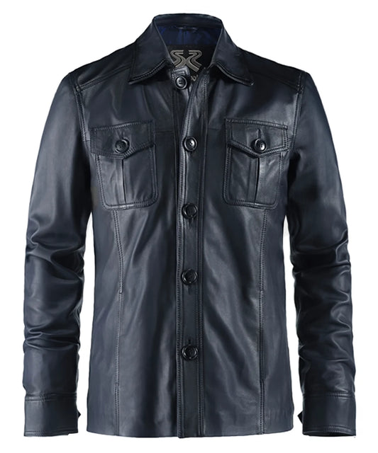 Men's blue leather jacket features chest patch pockets and vintage collar.