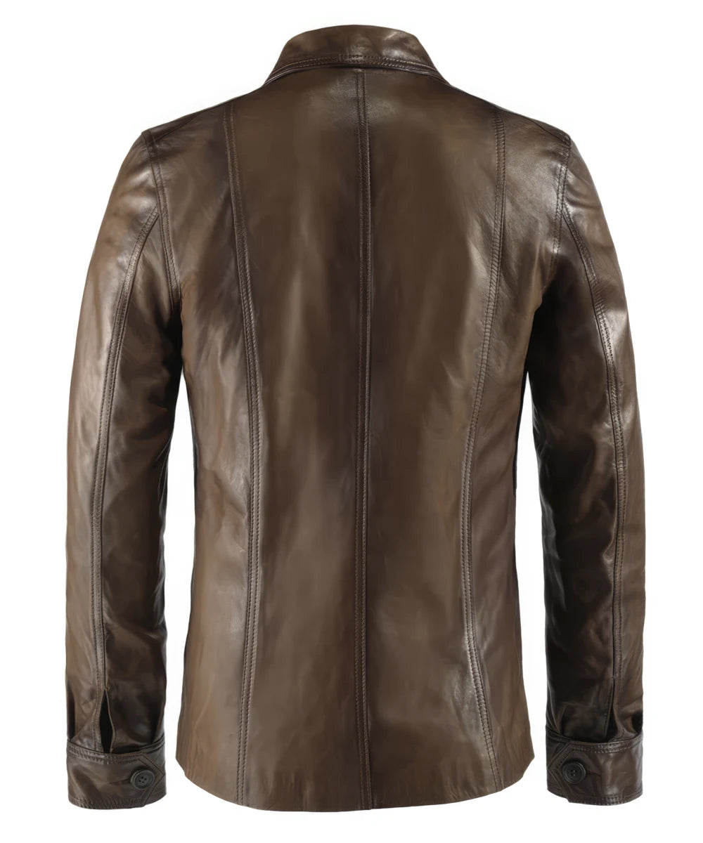 Back mannequin view of men's antique brown leather jacket. Hip length style made in Italy.