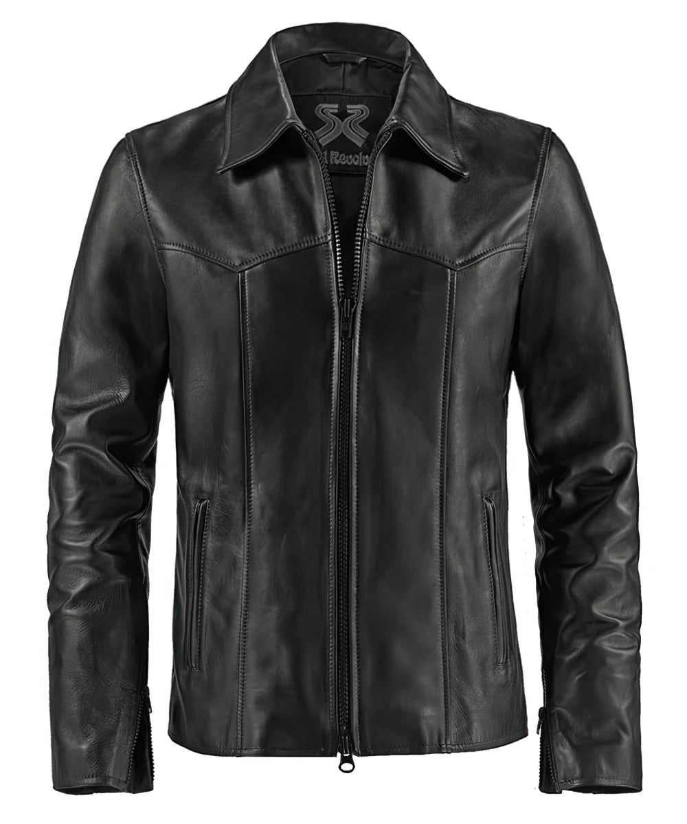 Men's black vintage leather jacket. Made in Italy.