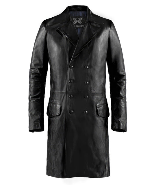 Front view of black leather coat with slim fit vintage styling and classic tailored design