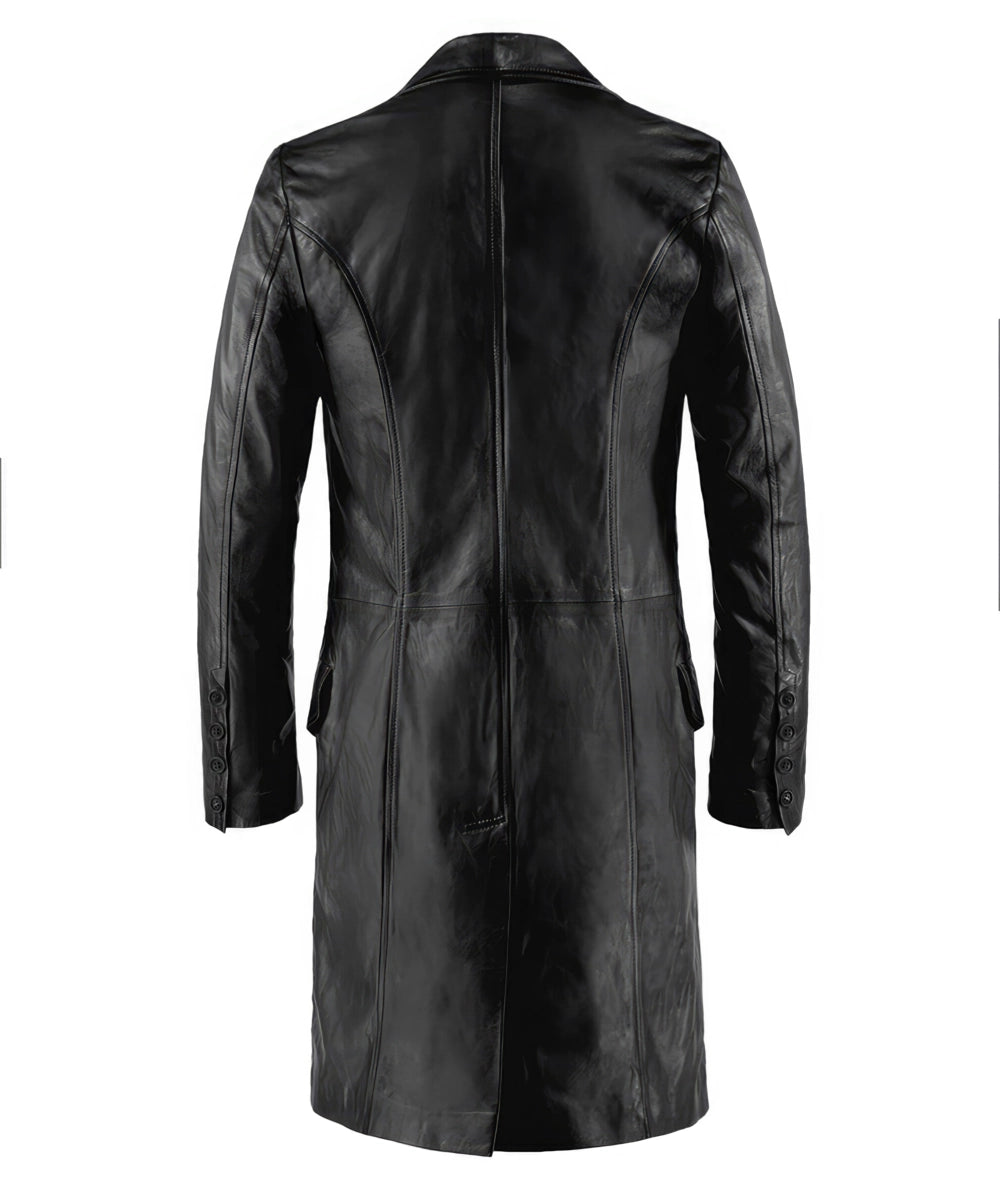 Back view of black leather coat with slim fit vintage styling and classic tailored design