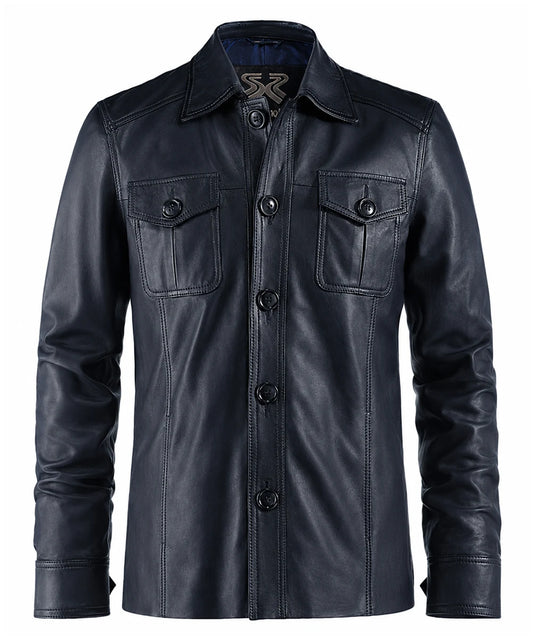 Front view of vintage blue leather shirt jacket with slim fit styling and classic button front design