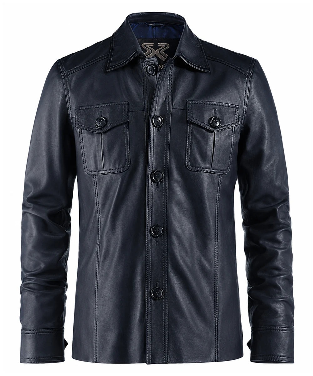 Front view of vintage blue leather shirt jacket with slim fit styling and classic button front design