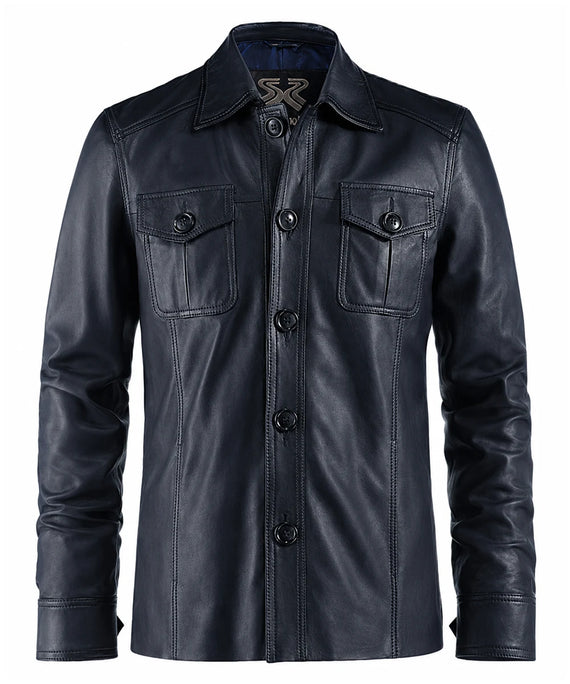 Front view of vintage blue leather shirt jacket with slim fit styling and classic button front design