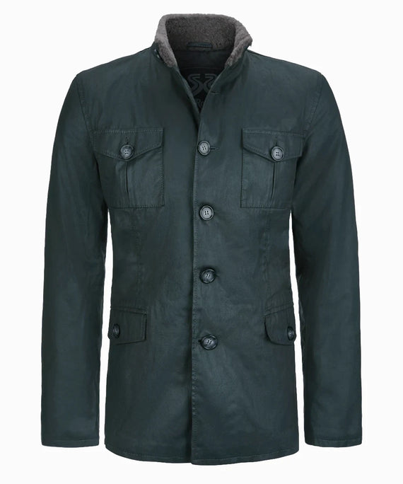 Green safari field jacket with button front and high collar front view