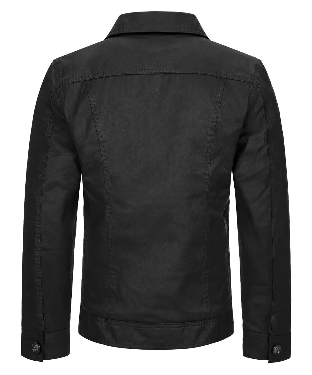 Back view of men's black cotton jacket with slim fit vintage styling and classic trucker design