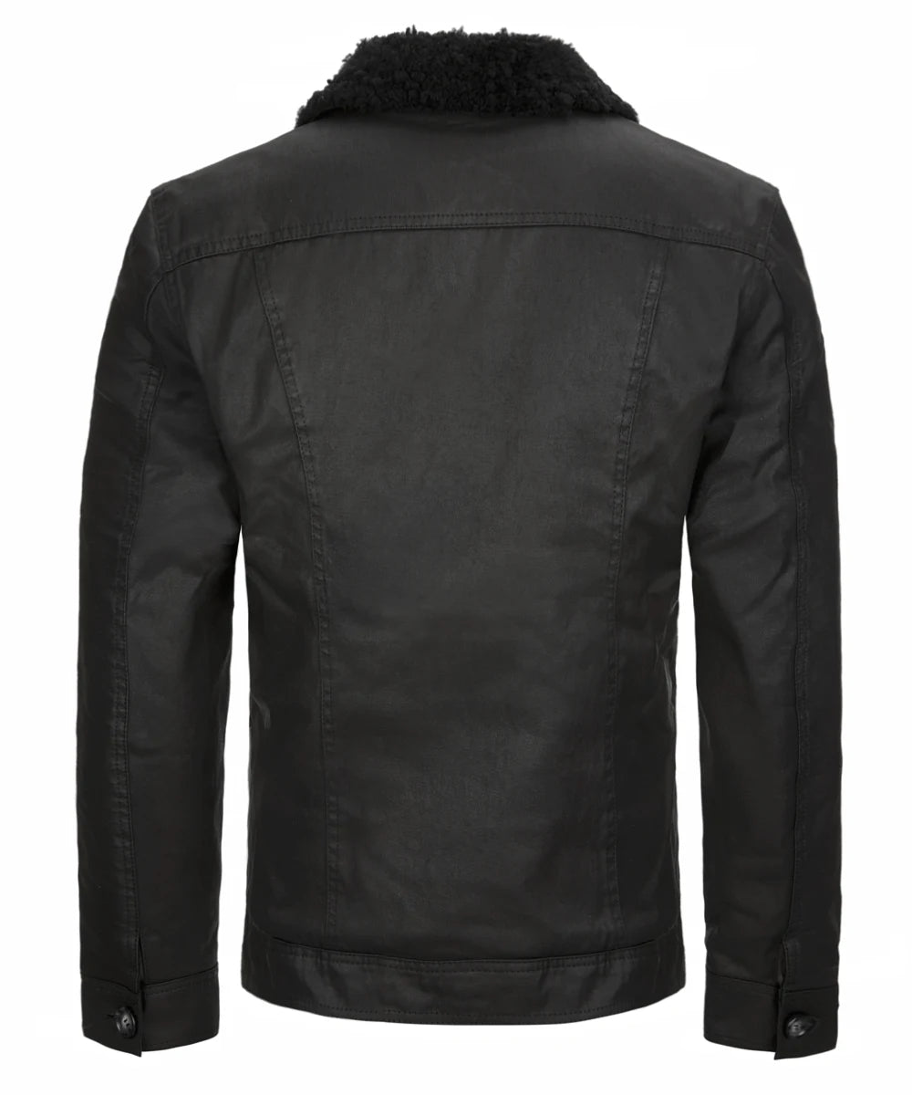Back view of men's black cotton jacket with slim fit vintage styling, shearling collar, and classic trucker inspired design