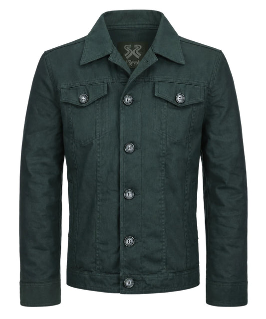 Front view of men's green cotton jacket with slim fit vintage styling, shirt style collar, and classic trucker inspired design