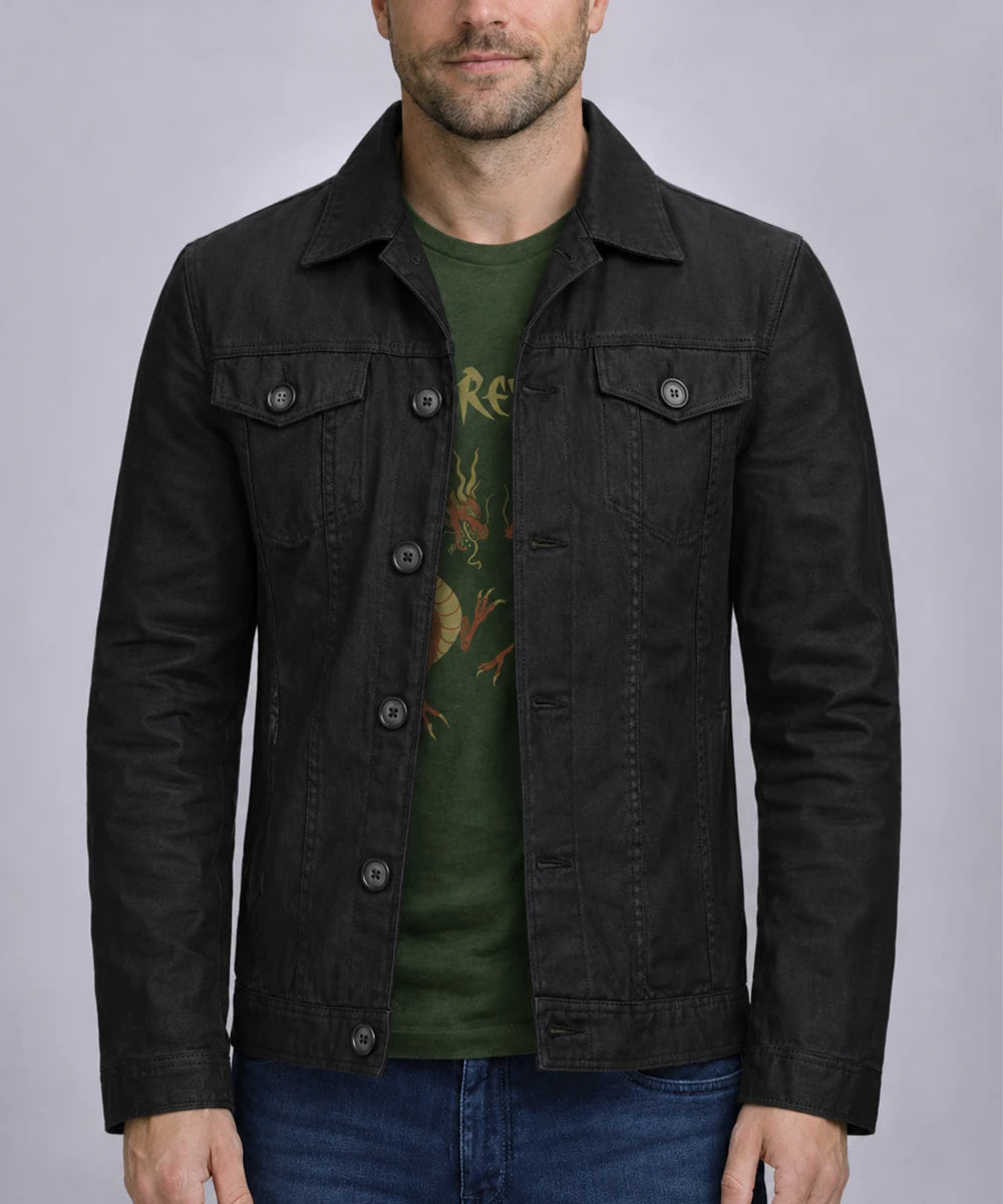 Model wearing men's black cotton jacket in a slim-fit with vintage trucker design