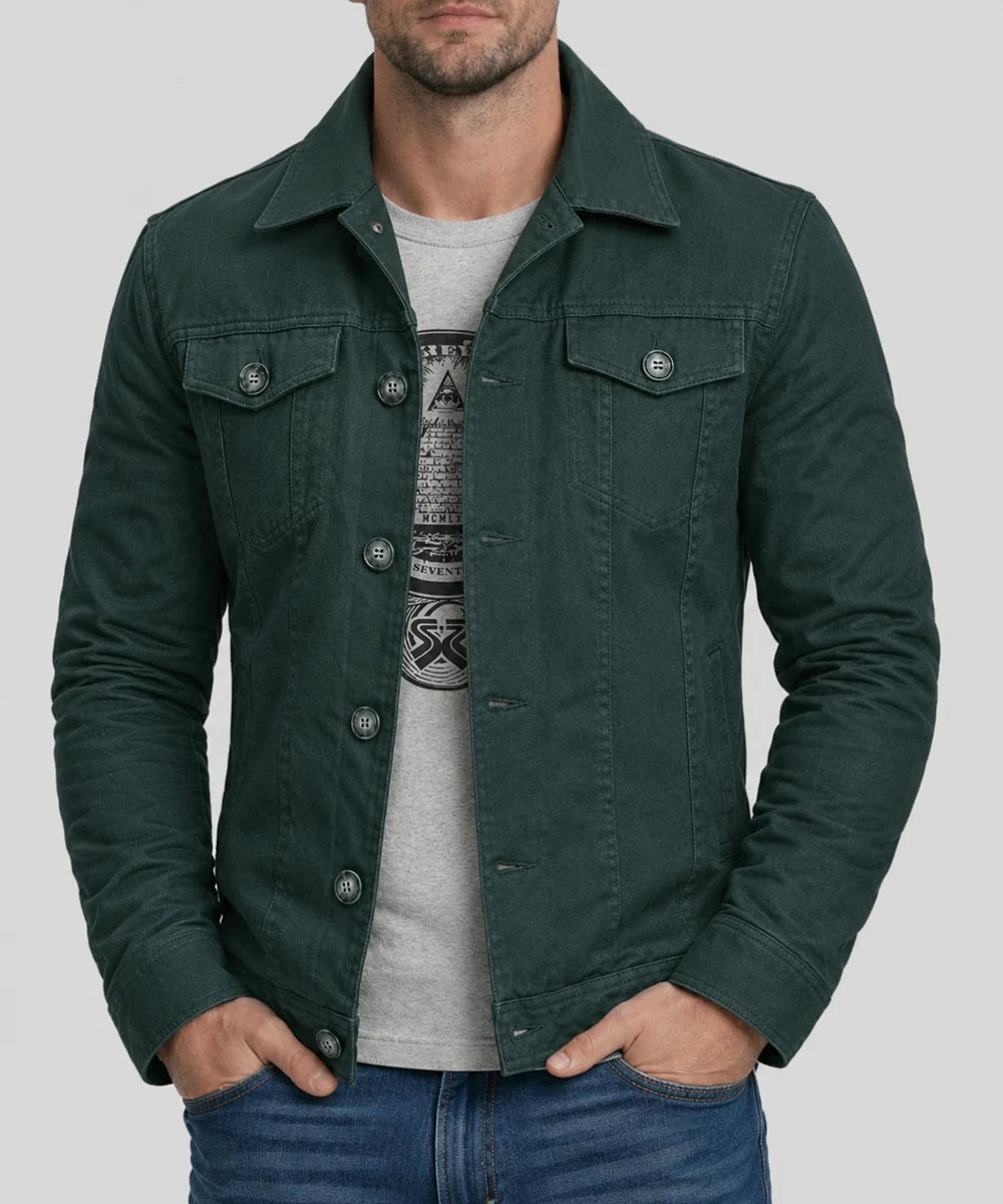 Model wearing men's green cotton jacket with slim fit vintage styling and collar. Classic trucker inspired design