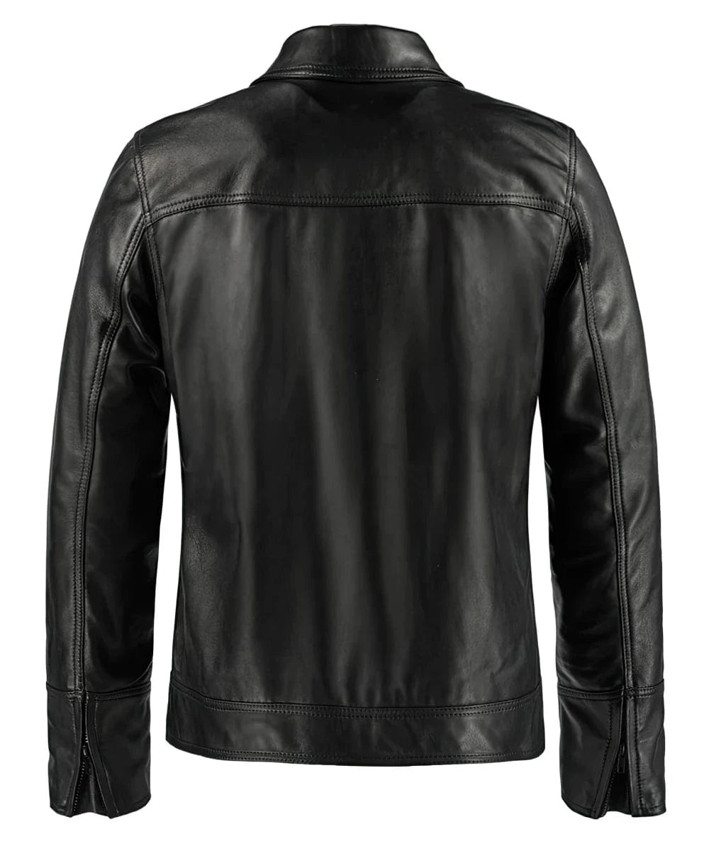 Back view of vintage black leather jacket with slim fit styling and western inspired yoke detailing