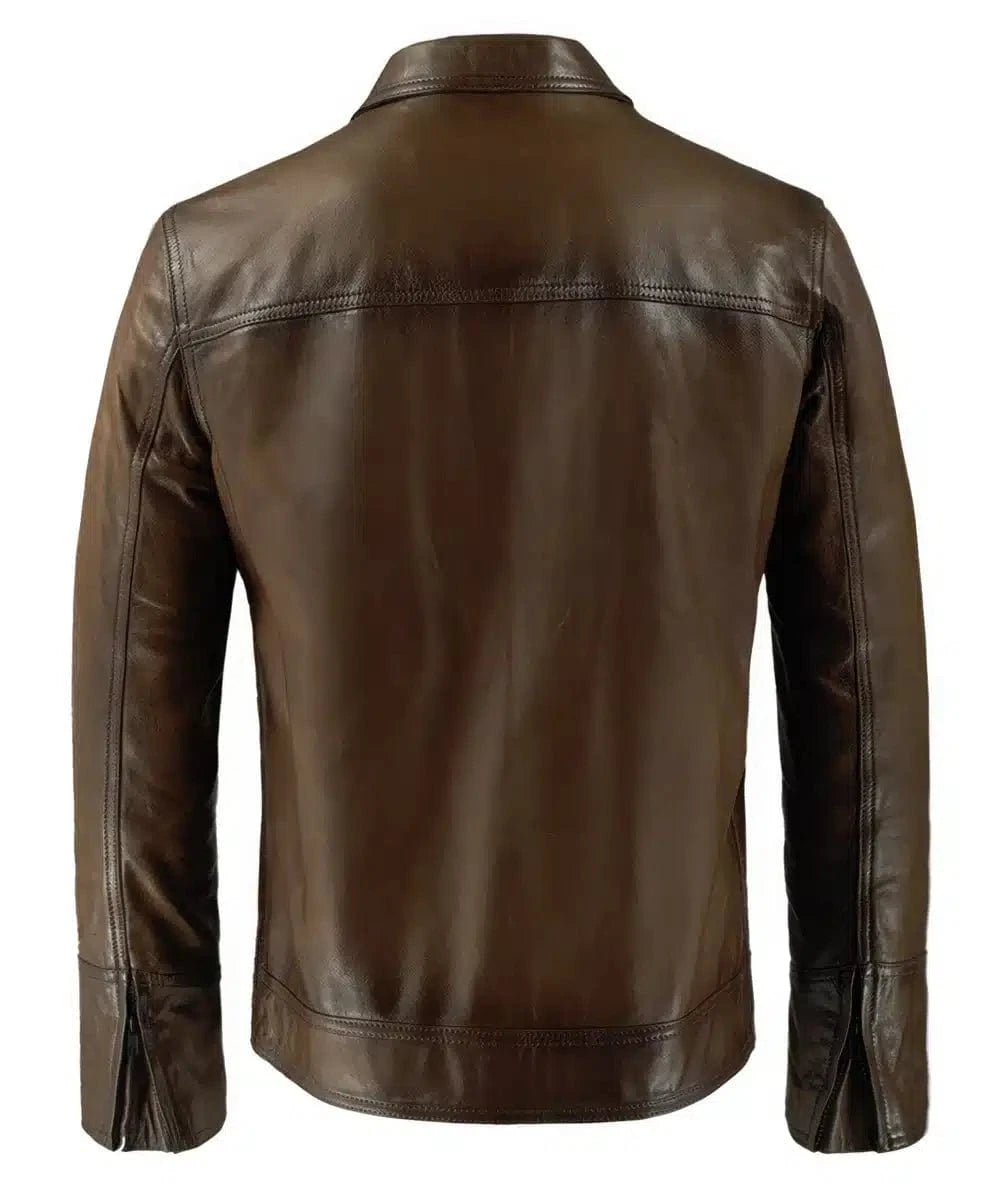 Back view of vintage brown leather jacket with slim fit styling and western inspired yoke detailing