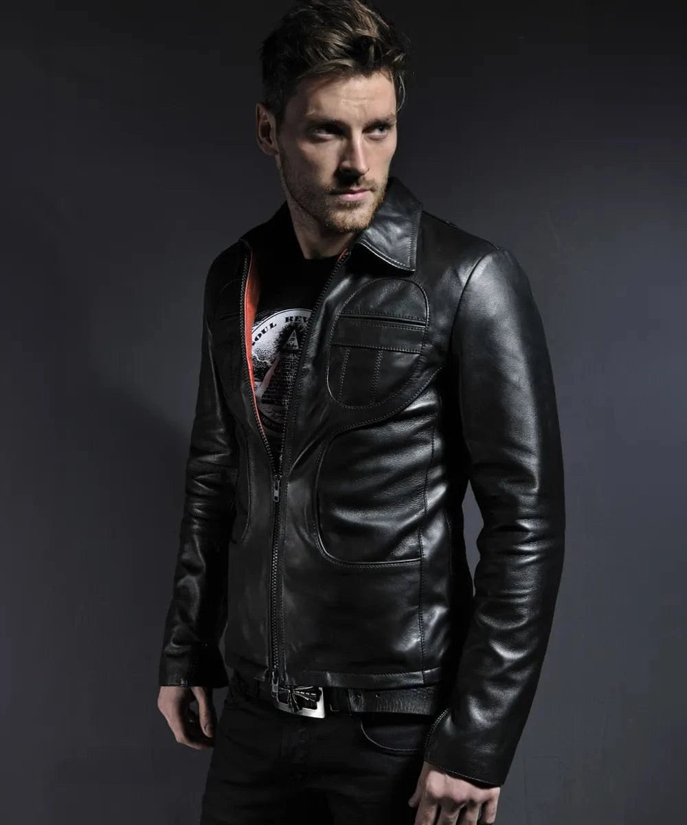 Model wearing vintage black leather jacket with slim fit styling and distinctive panel detailing