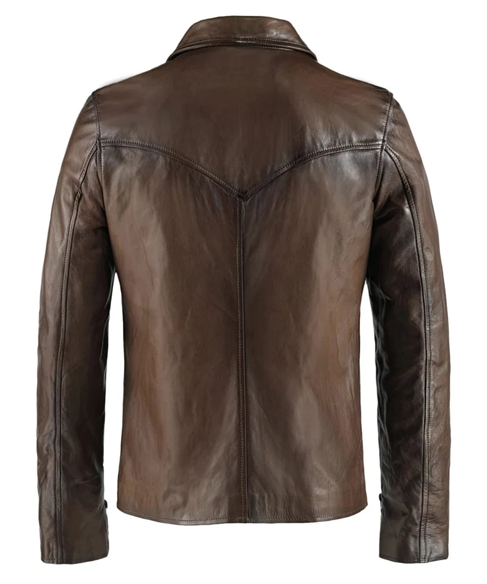 Back view of vintage brown leather jacket with slim fit styling and distinctive seam detailing