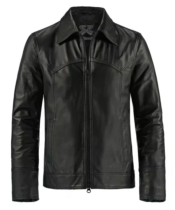 Black leather jacket with slim fit vintage styling and retro western inspired yoke detailing