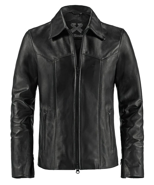 Front view of vintage black leather jacket with slim fit styling and distinctive seam detailing