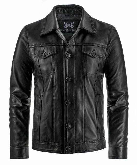 Front view of vintage black leather trucker jacket with slim fit styling and classic trucker inspired design