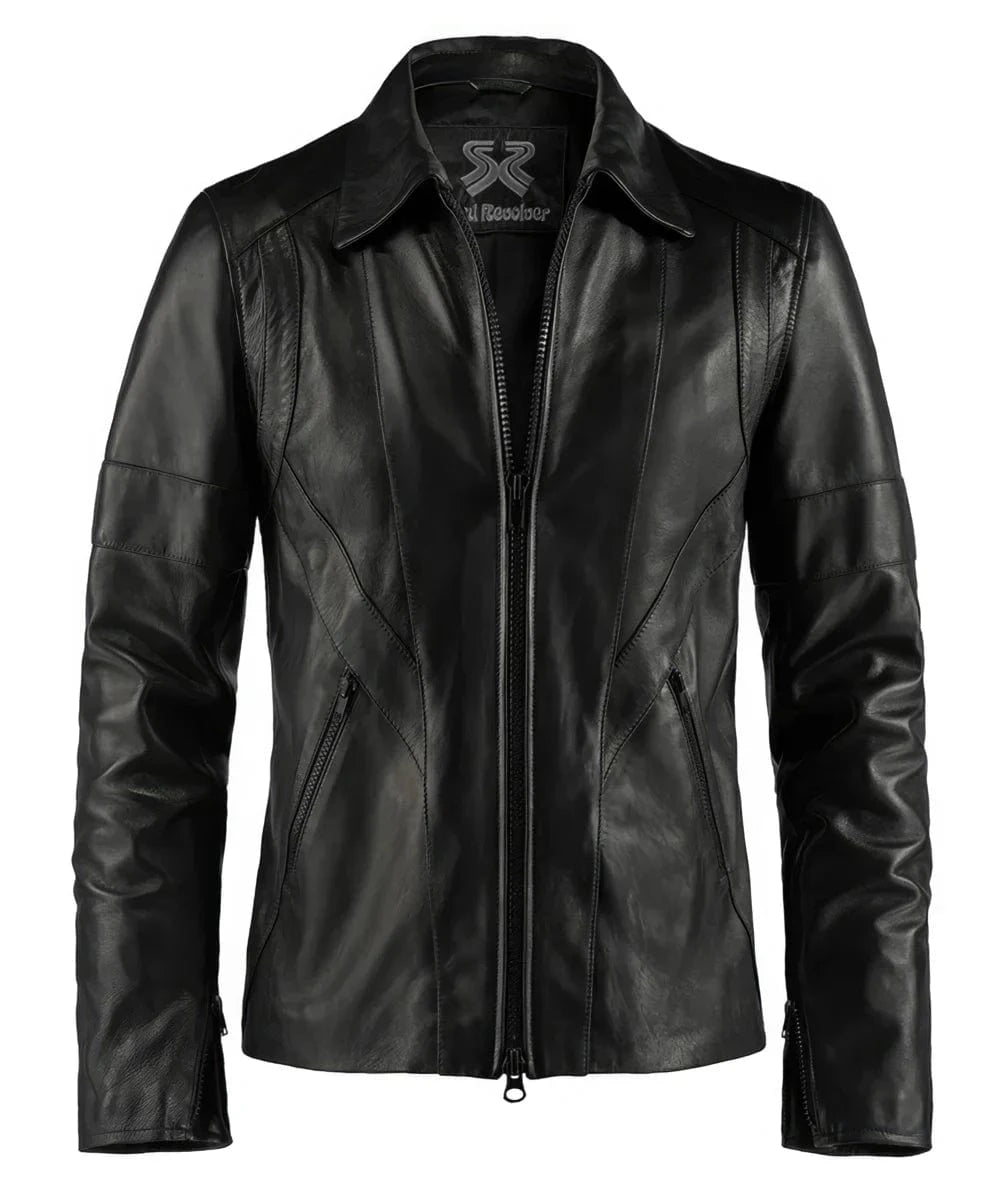 Front view of vintage black leather jacket with slim fit styling and zip front design
