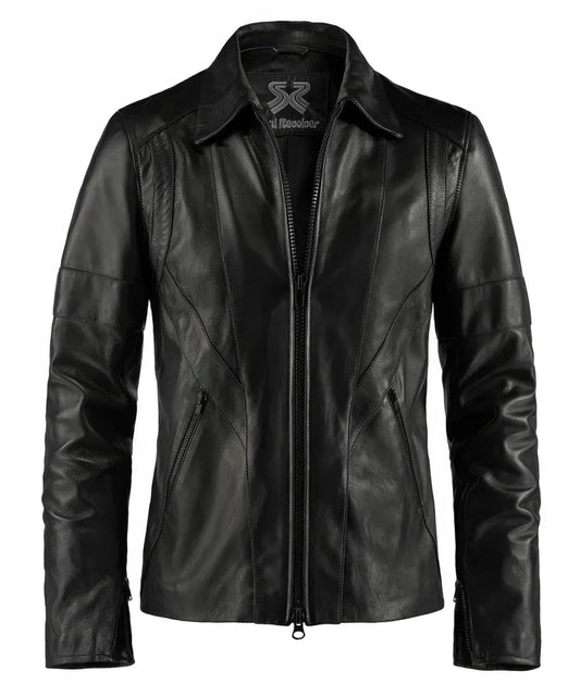 Front view of vintage black leather jacket with slim fit styling and zip front design