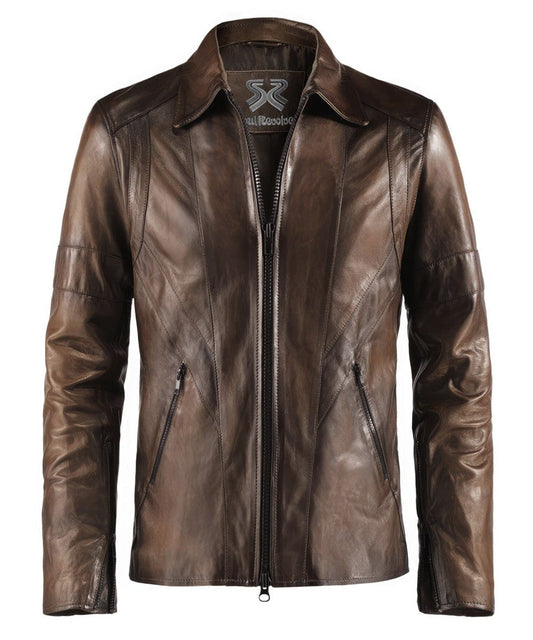 Front view of vintage brown leather jacket with slim fit styling and antique finish