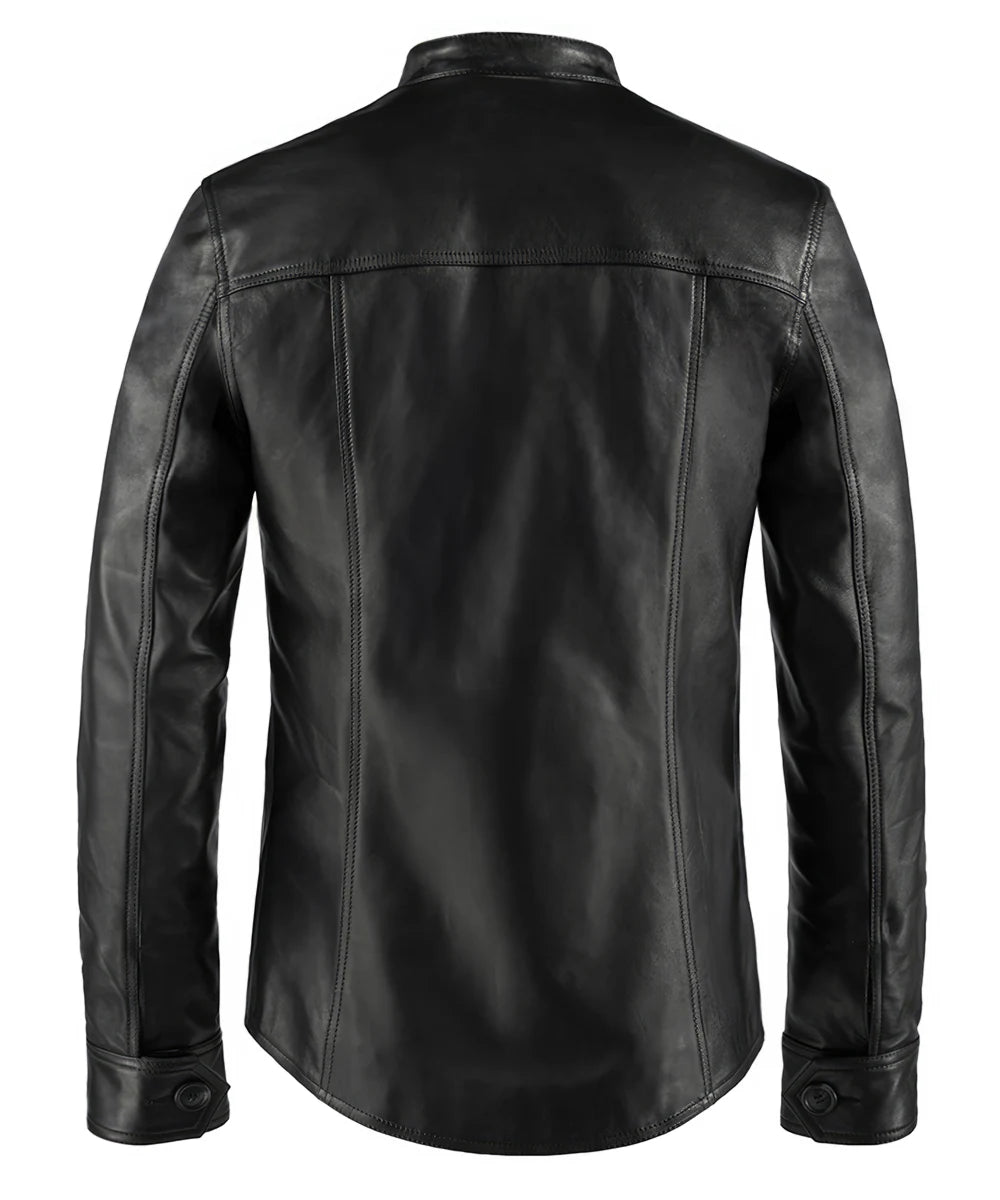 Mens black leather jacket. Vintage style with chest pockets and buttons. 1005 Italian.