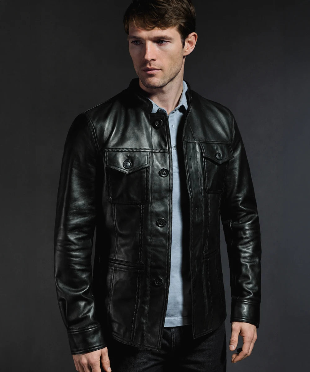 Model wearing vintage black leather jacket with slim fit styling and button front design