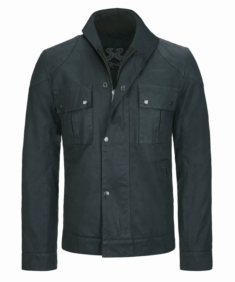Front view of vintage green cotton jacket with slim fit styling and upright collar