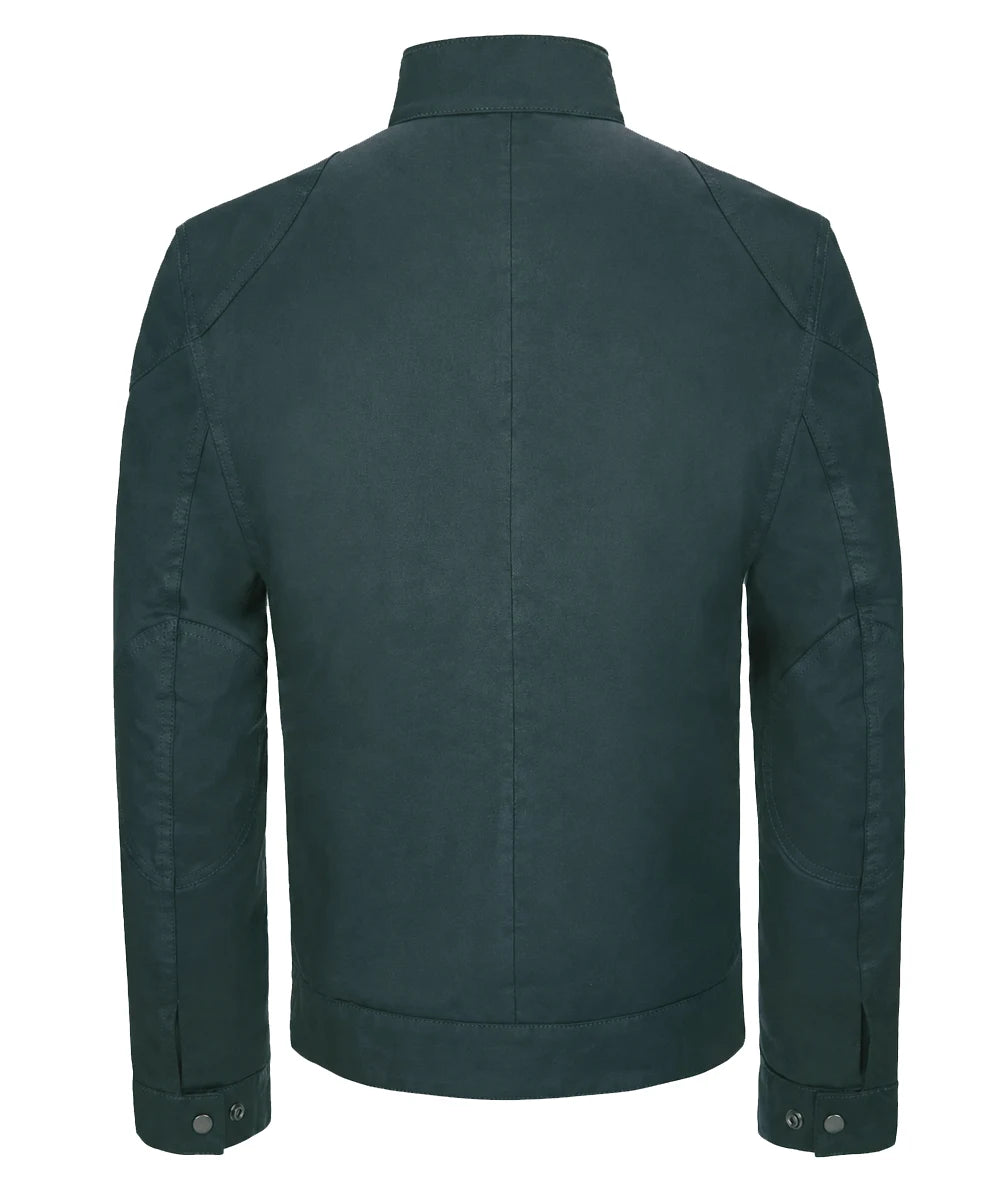 Back view of vintage green cotton jacket with slim fit styling