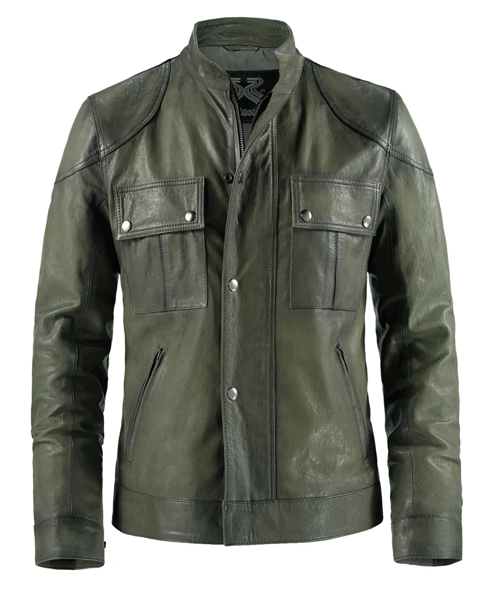 Olive green leather jacket for men. Made in Italy.