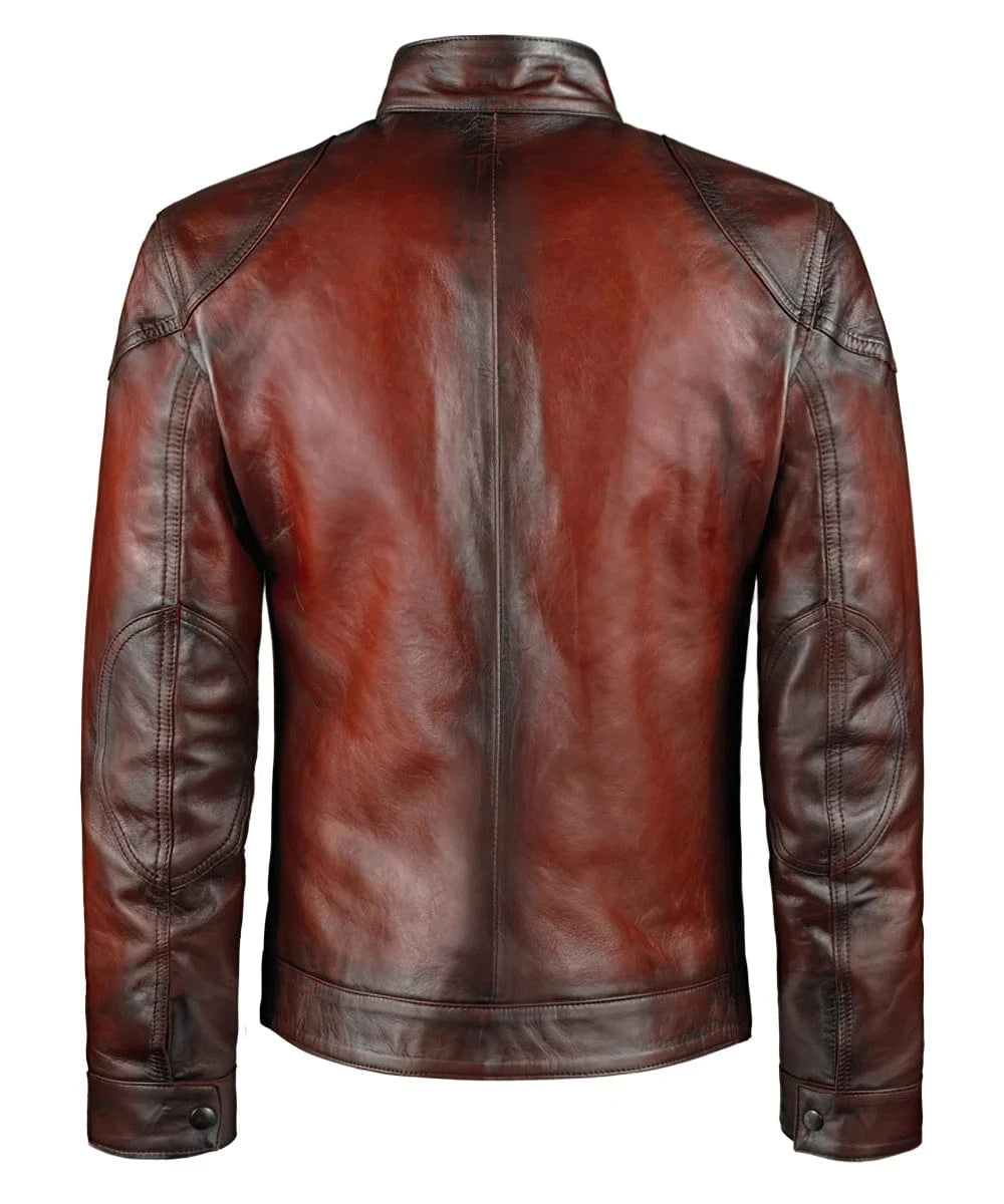 Back view of mens red leather jacket in a slim fit and antiqued finish